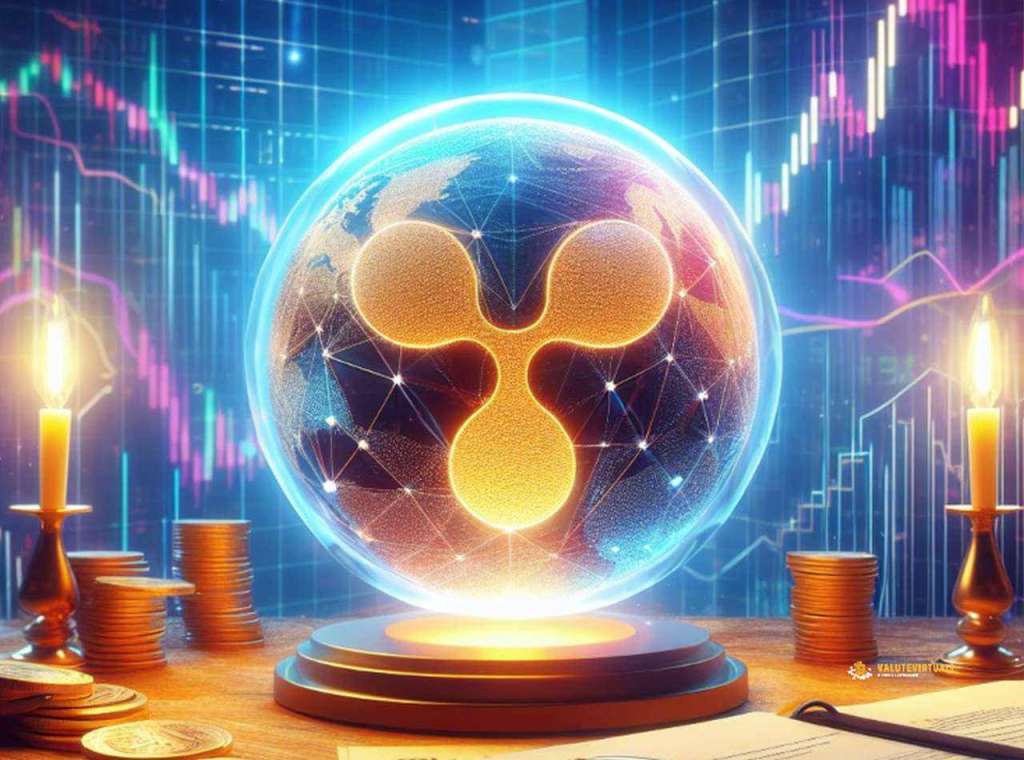 Il token Ripple al centro di un globo che rappresenta la Terra, con monete e candele su una scrivania e dei grafici luminosi sullo sfondo