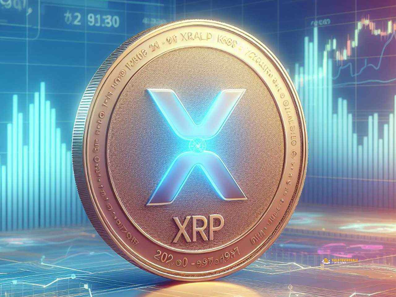 Una moneta con la scritta XRP e dei grafici luminosi sullo sfondo