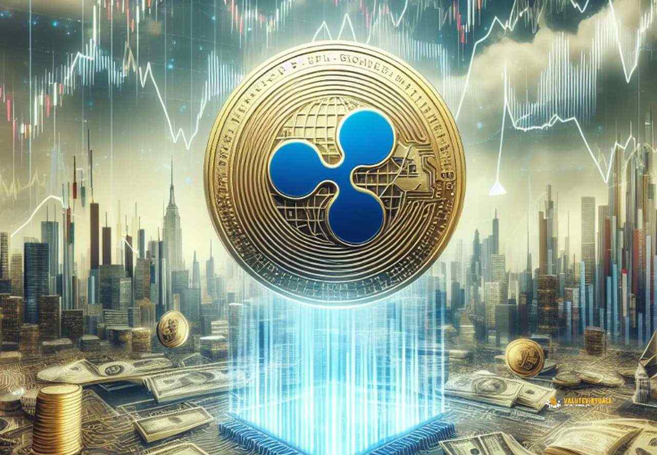 Una moneta con il logo di XRP in un cielo carico di pioggia su una grigia metropoli