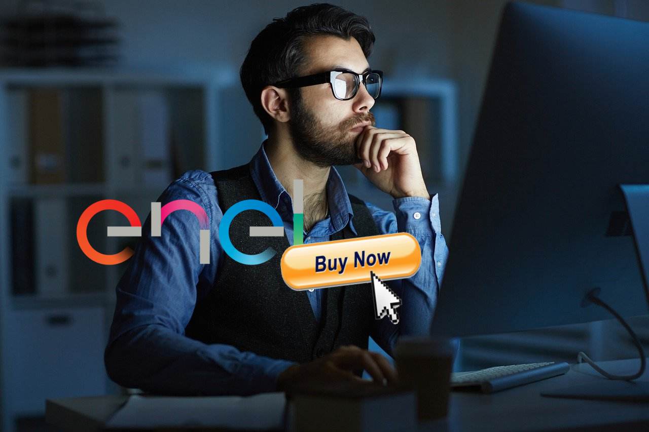 trader che pensa e logo di Enel