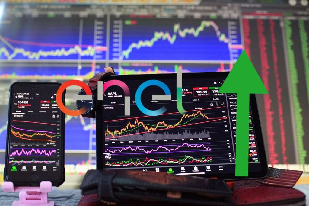 chart trading e logo di Enel con freccia verde verso alto
