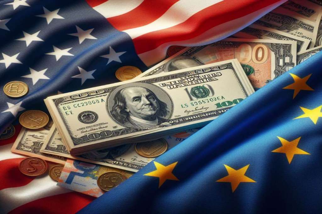bandiera Usa e UE con in mezzo dollari