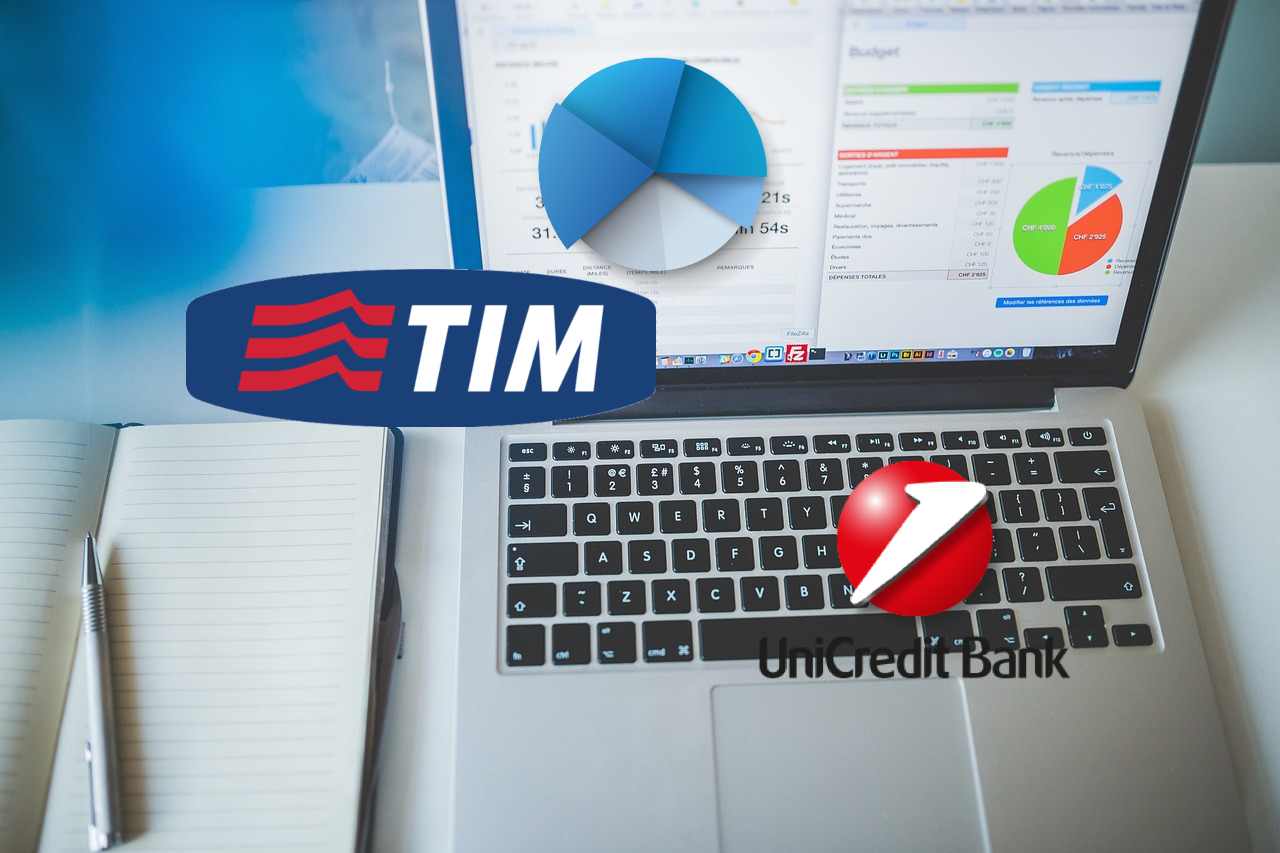 laptop con grafici a torta e logo di Unicredit e TIM