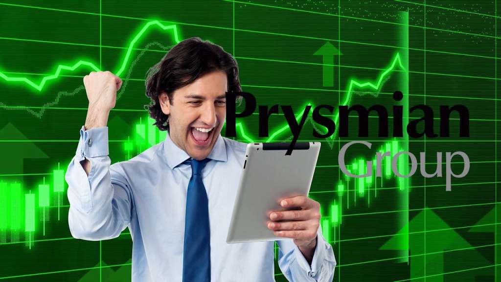 trader euforico e logo di Prysmian