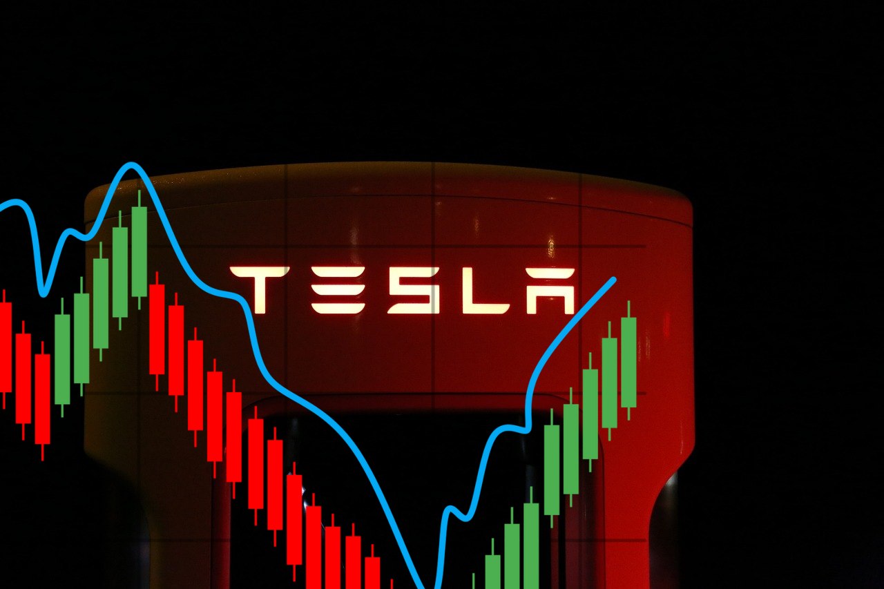 logo di Tesla e grafico di borsa