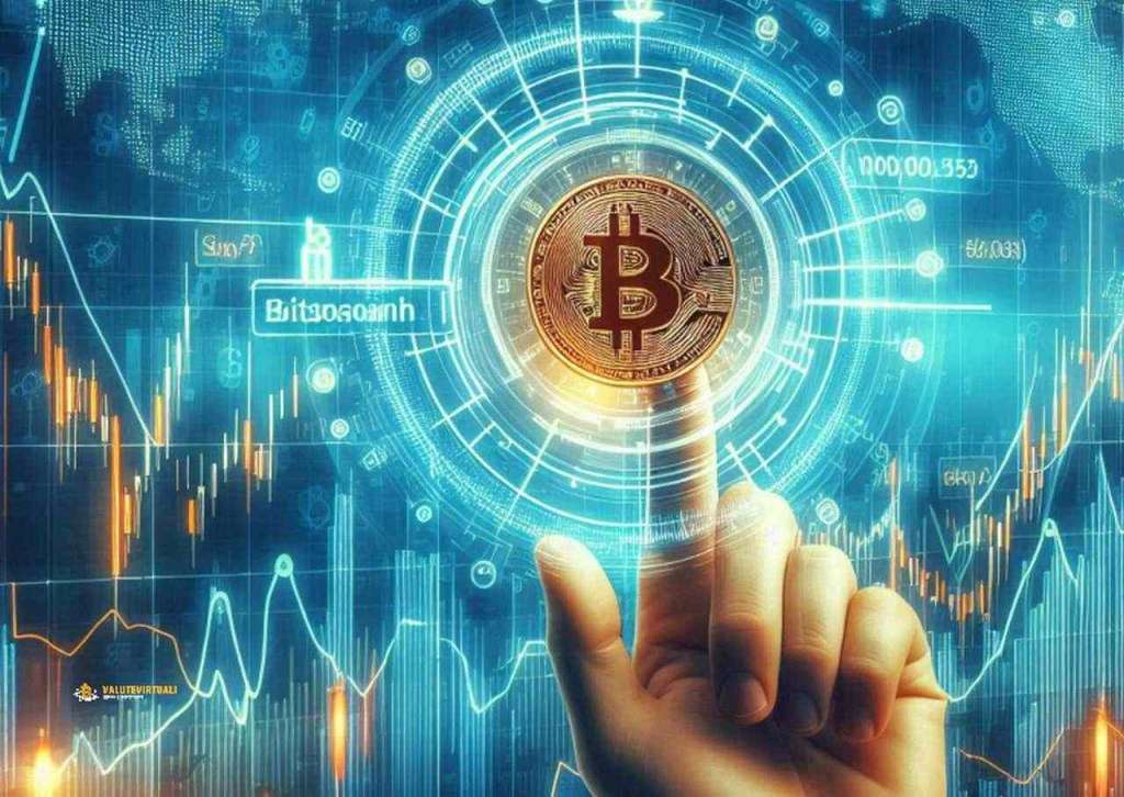 Una moneta di Bitcoin raggiunta dall'indice di una mano sinistra con dei grafici finanziari sullo sfondo