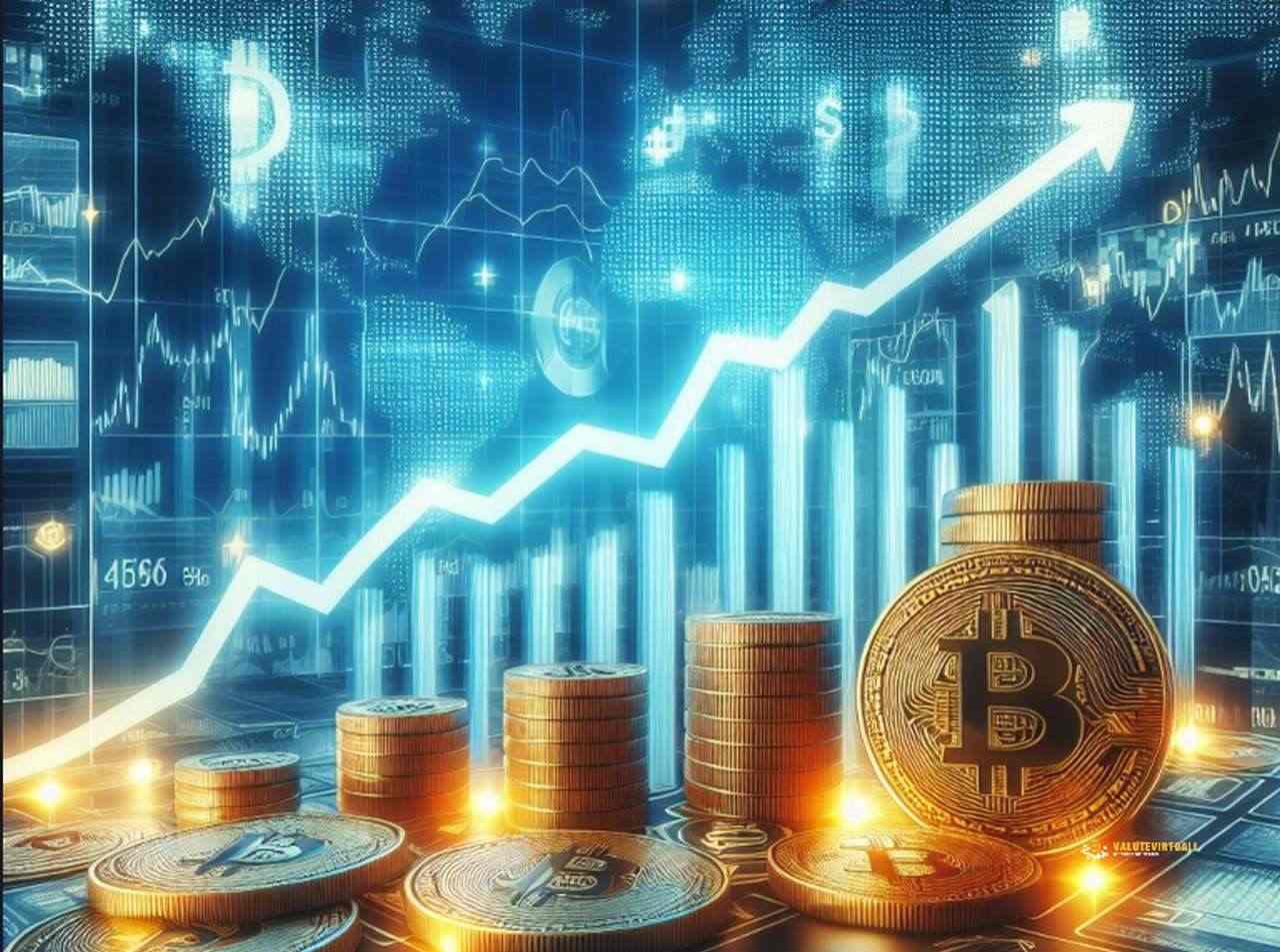 Alcune monete di Bitcoin impilate su un piano con dei grafici luminosi a candele e una freccia verso l'alto sullo sfondo