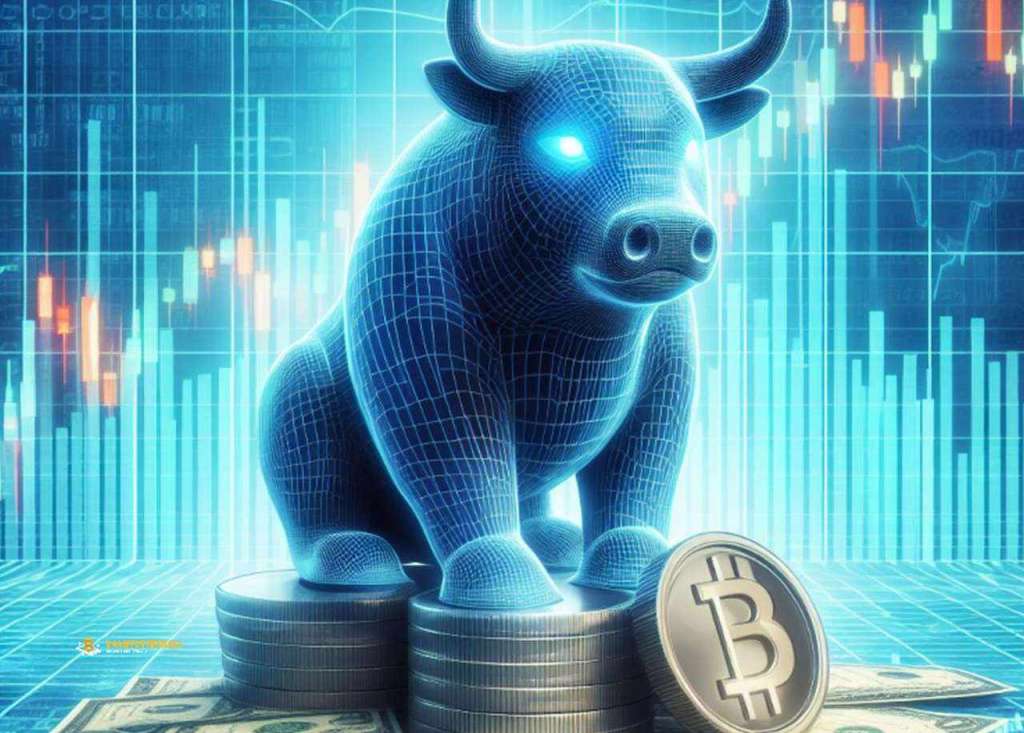 L'immagine stilizzata di un Toro piazzato su alcune monete di Bitcoin con dei grafici finanziari sullo sfondo