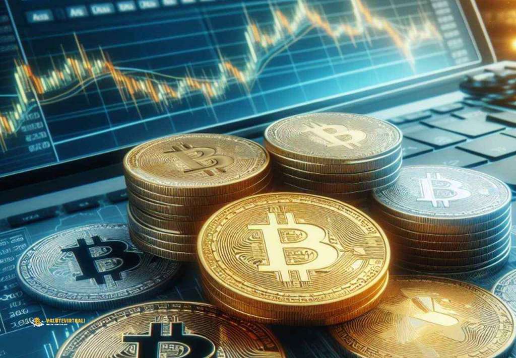 Alcune monete di Bitcoin impilate su un piano vicino allo schermo con dei grafici sull'andamento dei prezzi