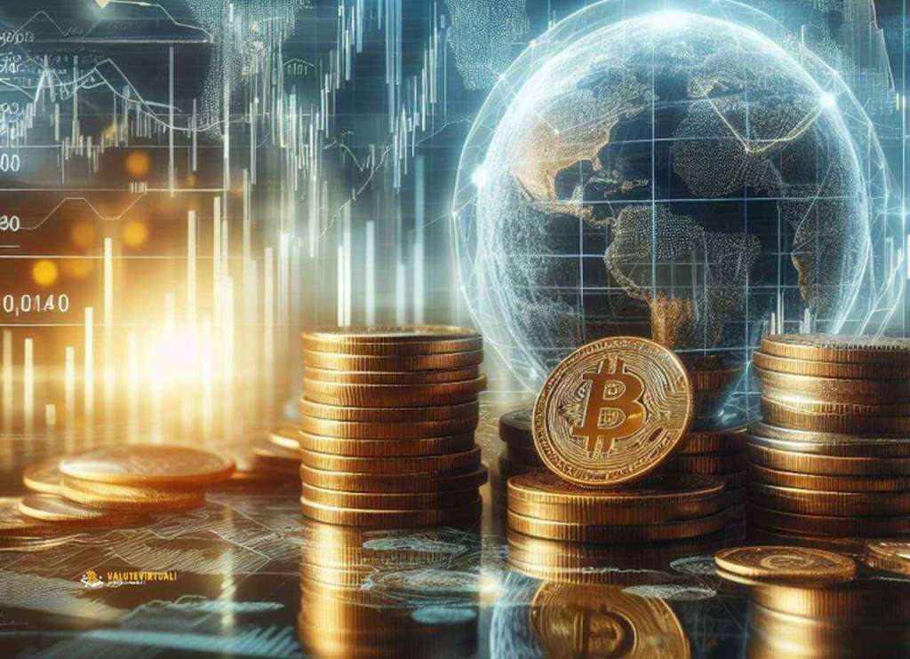 alcune monete di Bitcoin su un piano con il globo terrestre e dei grafici finanziari sullo sfondo
