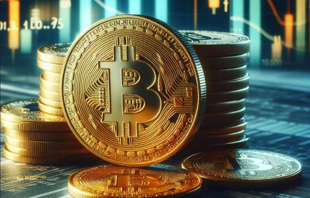 Alcune monete di Bitcoin su un piano con dei grafici finanziari sullo sfondo