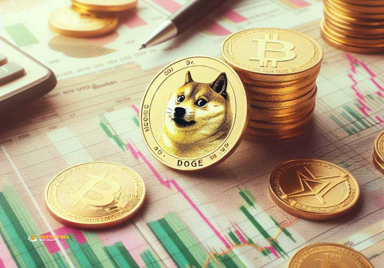 Alcune monete di criptovalute posate su un piano con dei grafici finanziari e una biro. Al centro una moneta con il simbolo di Dogecoin