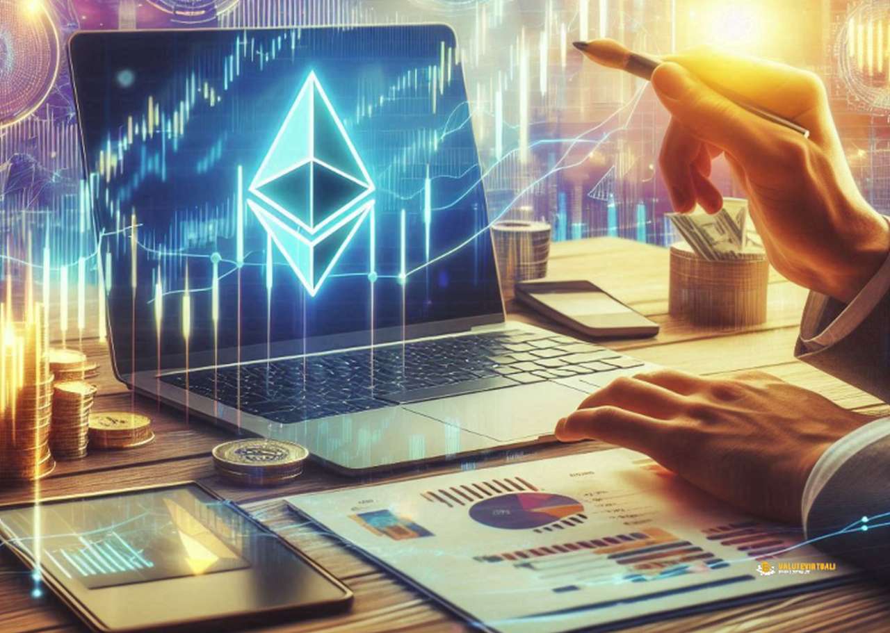 Un laptop su una scrivania con il simbolo di Ethereum sullo schermo. Sullo sfondo dei grafici finanziari luminosi in trasparenza