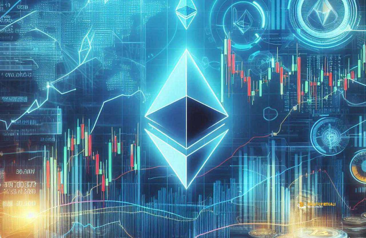 Il simbolo di Ethereum con dei grafici a candele luminosi sullo sfondo