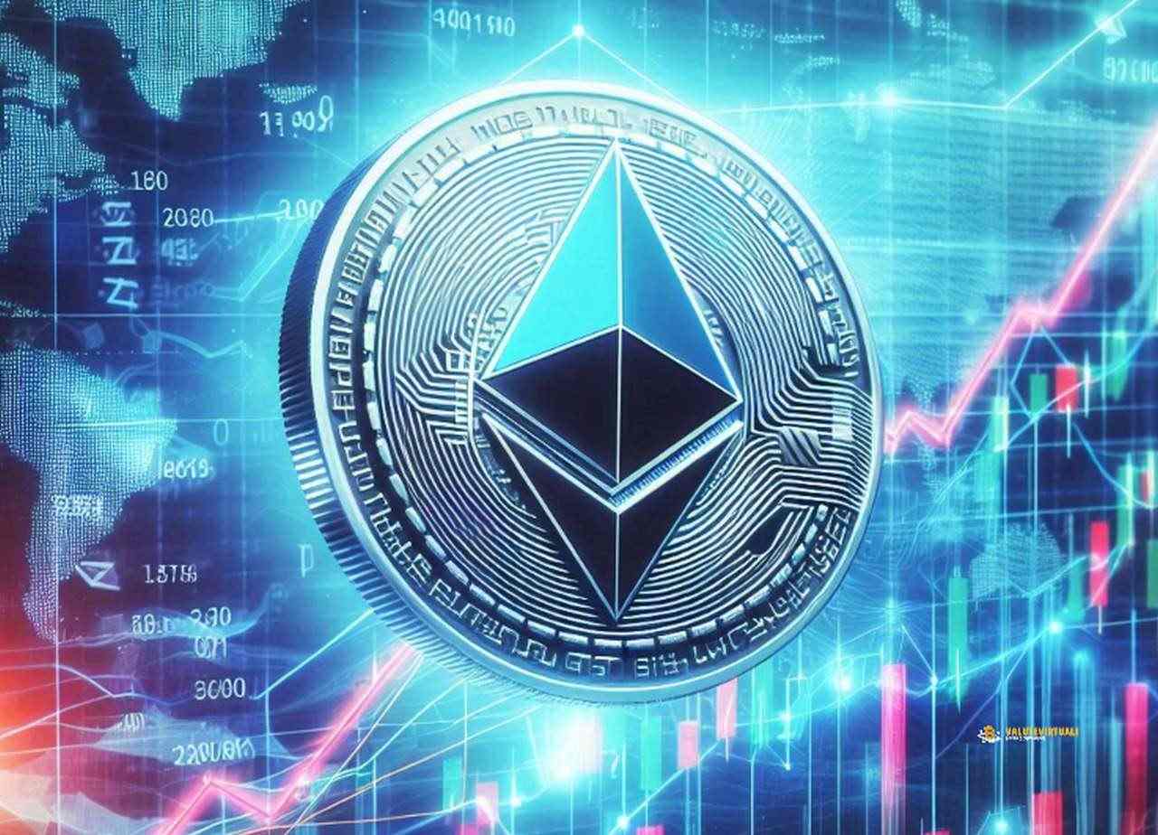 Una moneta con il simbolo di Ethereum al centro in grande. Sullo sfondo grafici a candele luminosi