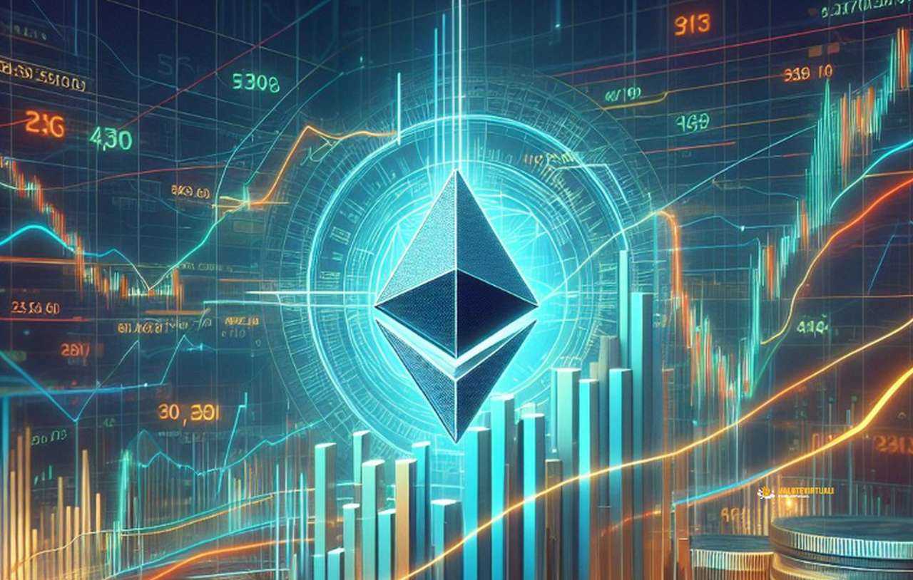 Il simbolo di Ethereum al centro con dei grafici a candele luminosi sullo sfondo