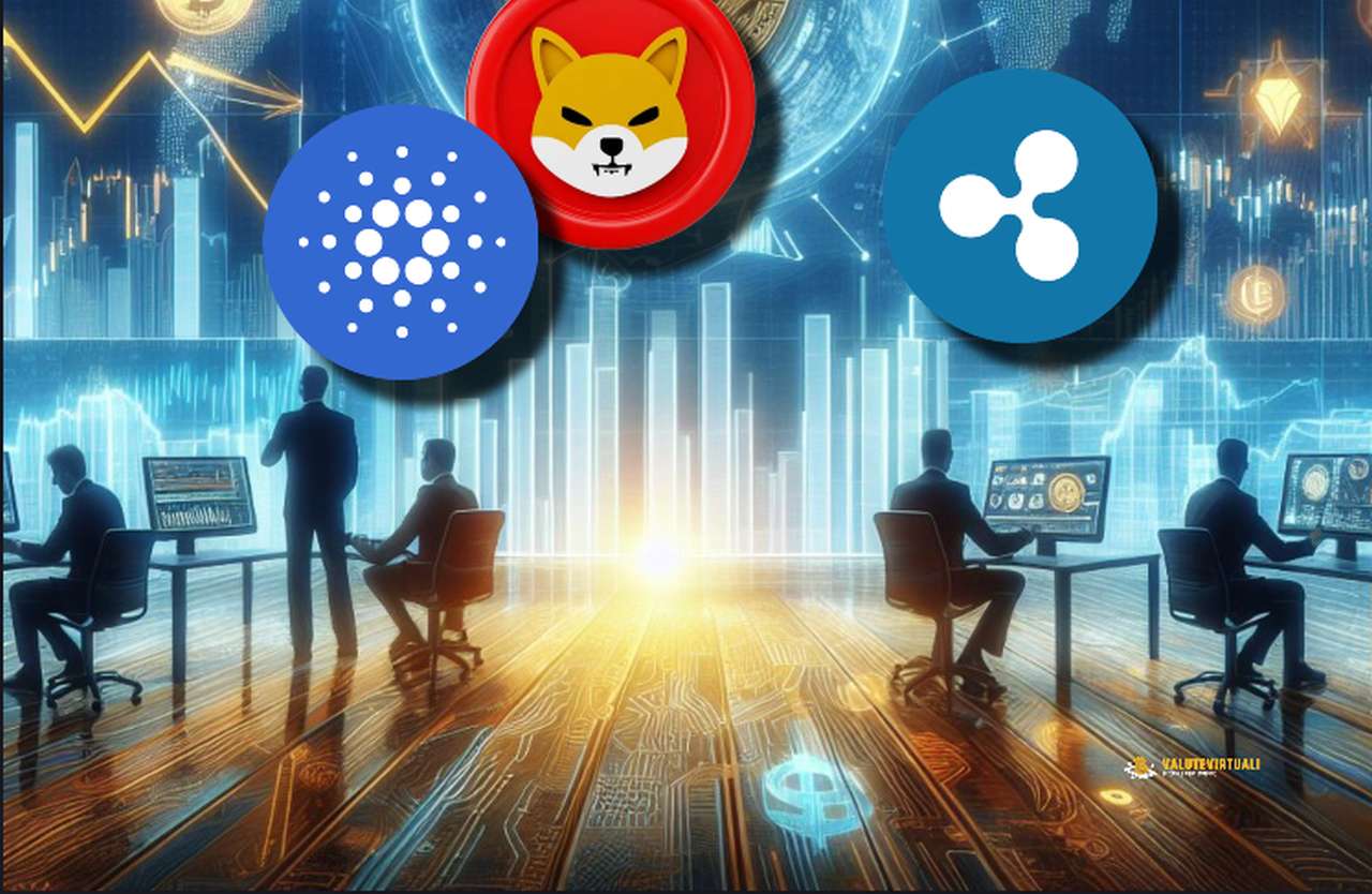 I simboli di Cardano, Shiba Inu e XRP con grafici finanziari luminosi sullo sfondo, e le sagome di alcuni trader seduti davanti ai propri laptop