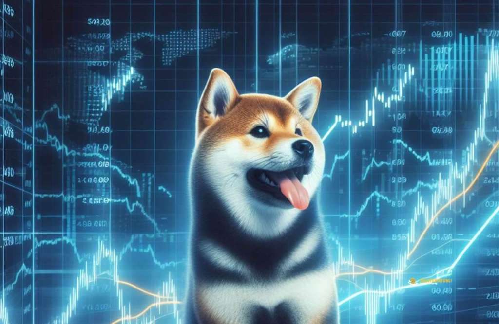 Il cane simbolo di Shiba Inu con dei grafici finanziari sullo sfondo