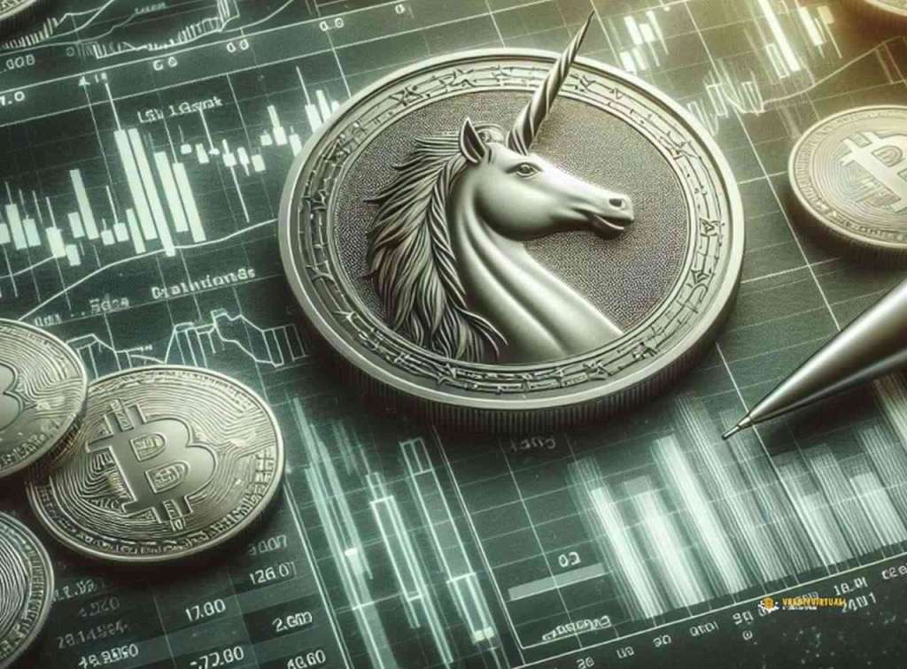 Una moneta con un Unicorno su un piano con dei grafici finanziari insieme a monete di Bitcoin