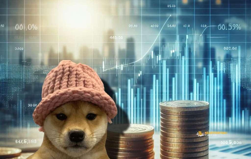 il cane simbolo della memecoin Dogwifhat in basso a sinistra con delle monete impilate e dei grafici sullo sfondo