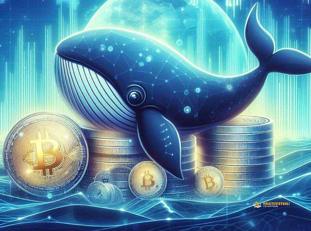 una balena che si posa su alcune monete di criptovalute. Sullo sfondo dei grafici a candele in toni di azzurro