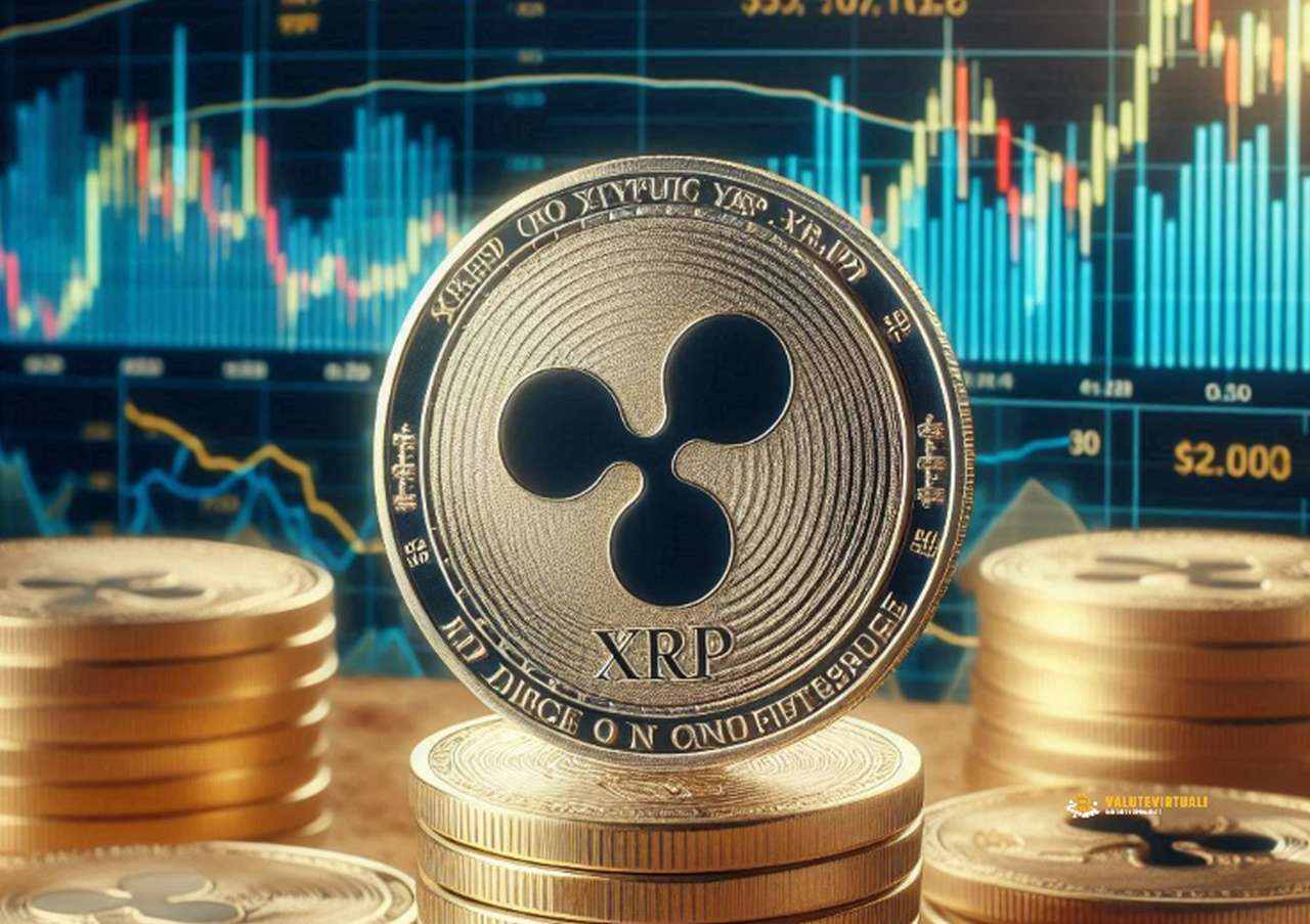 Una moneta di XRP al centro con altre monete impilate intorno sullo stesso piano. Alcuni grafici a candele sullo sfondo