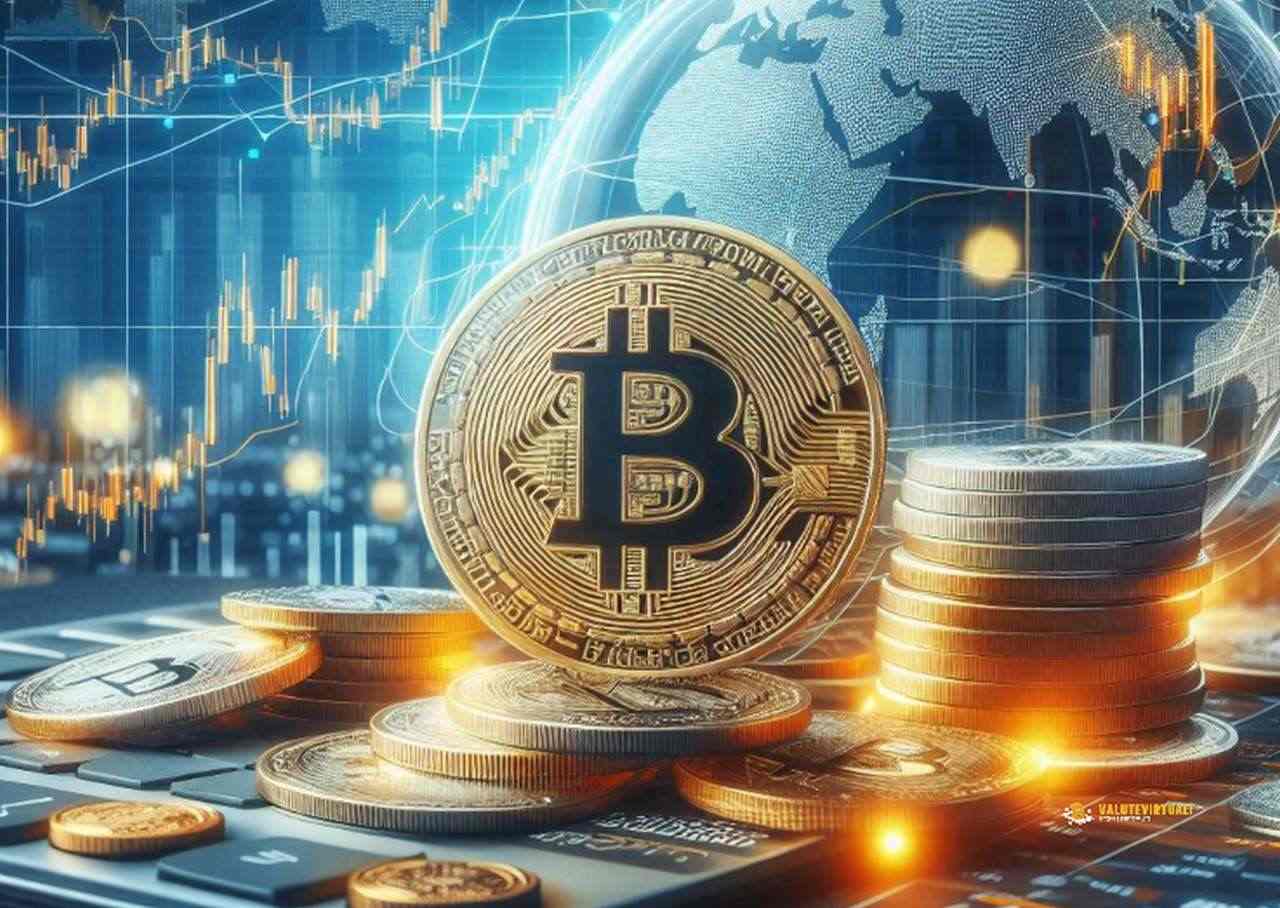 Una moneta di Bitcoin su un piano in cui ci sono altre monete impilate. Sullo sfondo dei grafici e un'immagine in trasparenza che rappresent ail globo terrestre