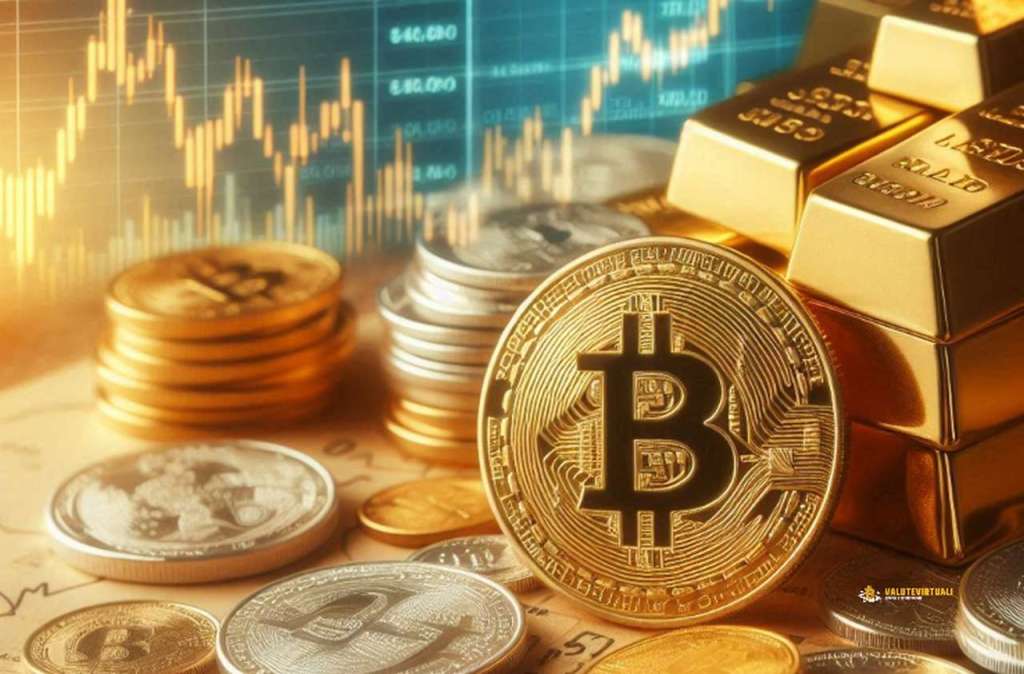 Alcune monete di Bitcoin e alcuni lingotti d'oro su un piano con dei grafici finanziari sullo sfondo