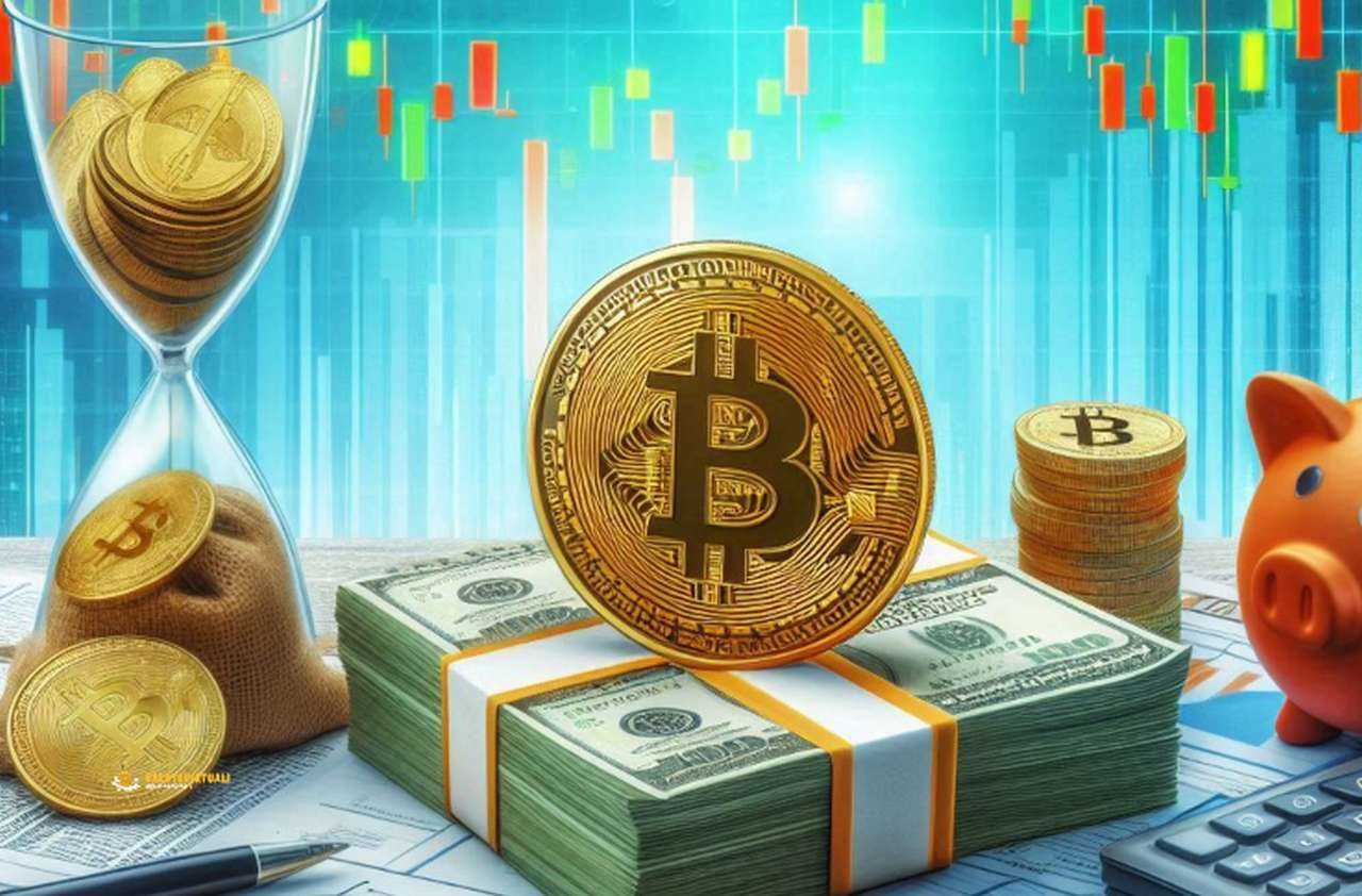 Una moneta di Bitcoin poggiata di taglio su alcune banconote di dollari con dei grafici finanziari sullo sfondo