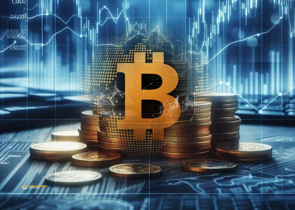 Alcune monete inpilate su un piano, con il logo di Bitcoin in sovrimpressione e dei grafici finanziari sullo sfondo