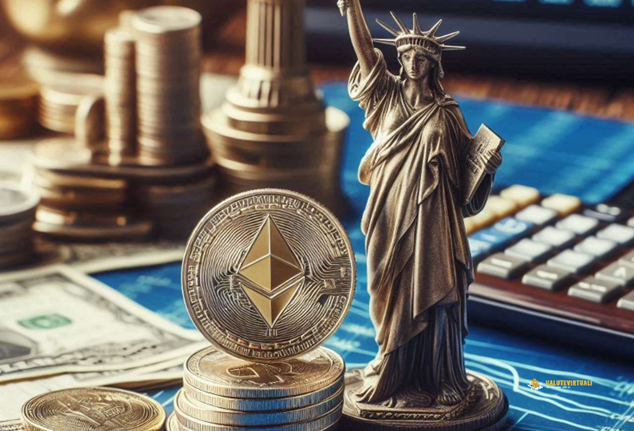 Una statua della Libertà in miniatura su un piano con delle monete di Ethereum e alcuni dollari