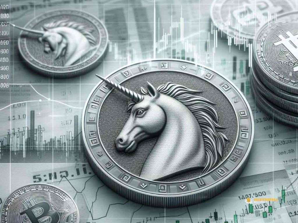 Una moneta di Uniswap su un piano con dei grafici finanziari e altre monete, il tutto in toni di grigio