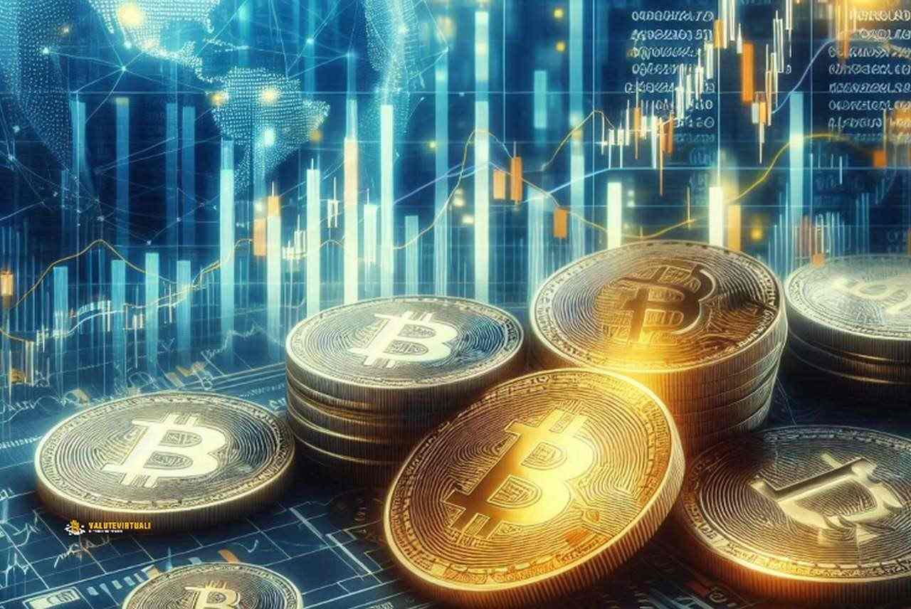 Alcune monete di Bitcoin sparse su un piano con dei grafici finanziari luminosi sullo sfondo