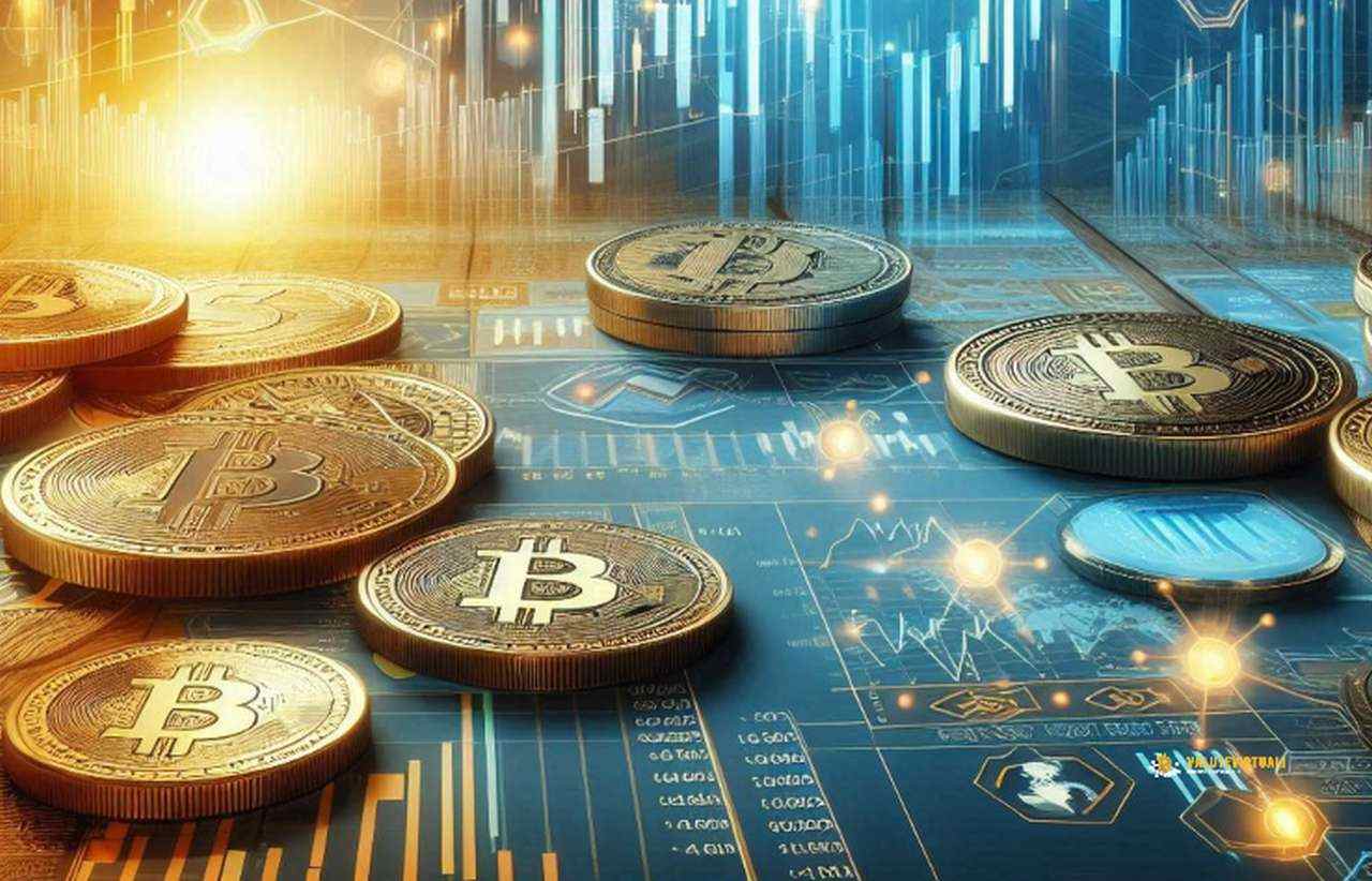 Alcune monete di Bitcoin su un piano con dei grafici luminosi