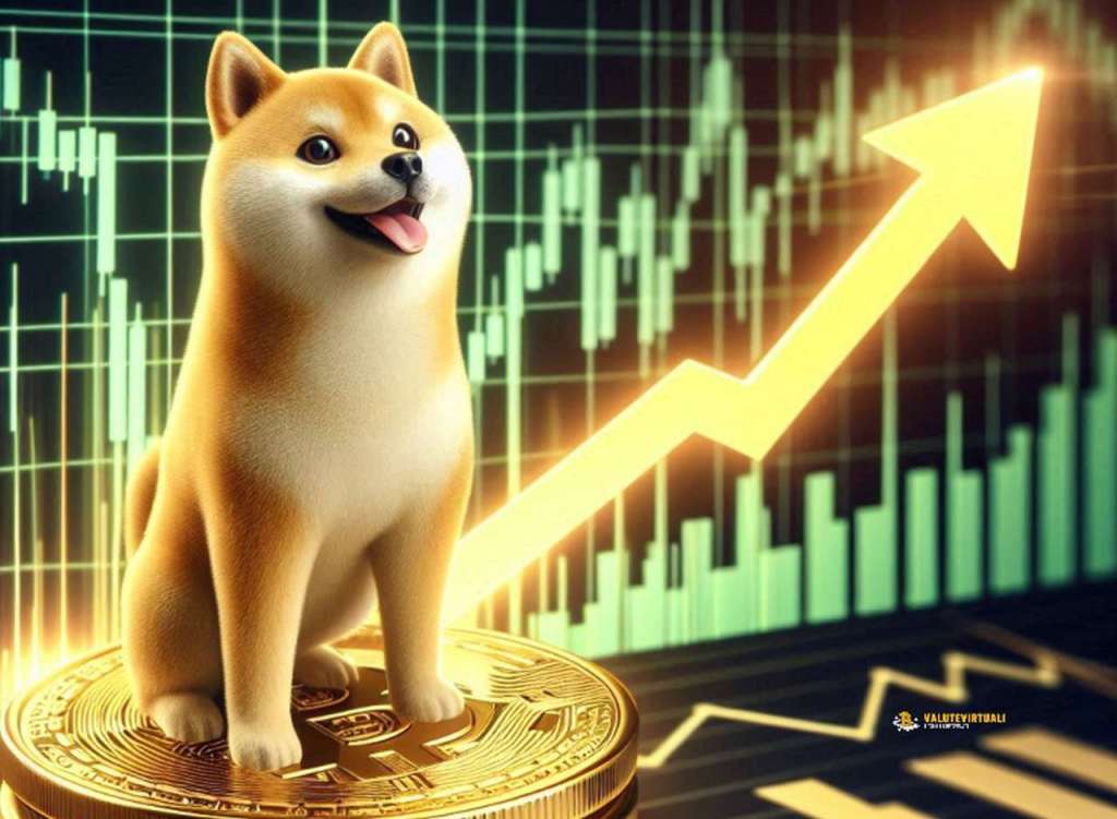 Il cane simbolo della memecoin Doge coin con dei grafici e una freccia luminosa sullo sfondo