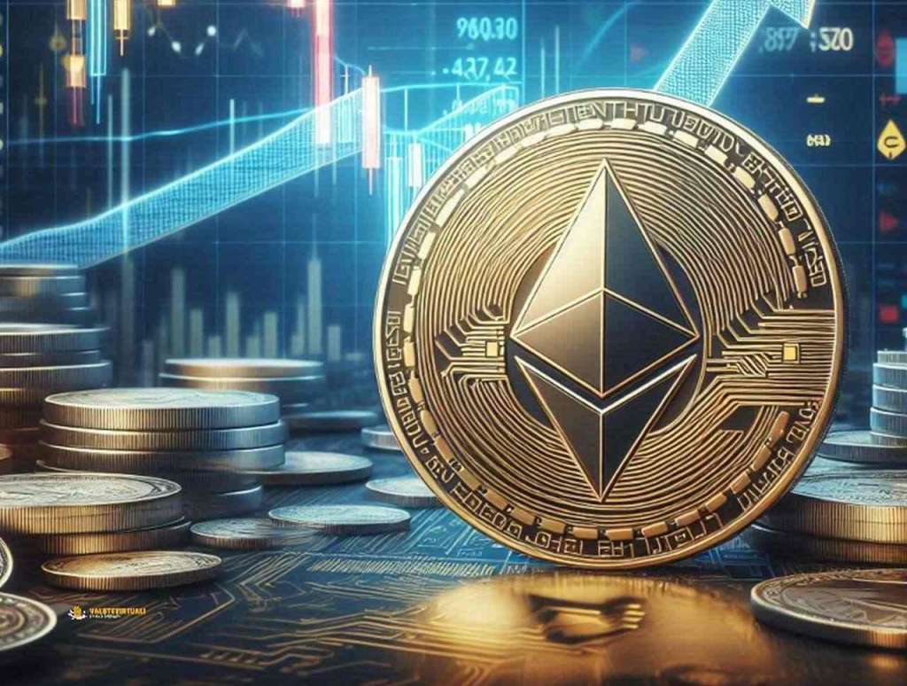 Una moneta di Ethereum con dei grafici finanziari sullo sfondo e alcune monete sparse su un piano