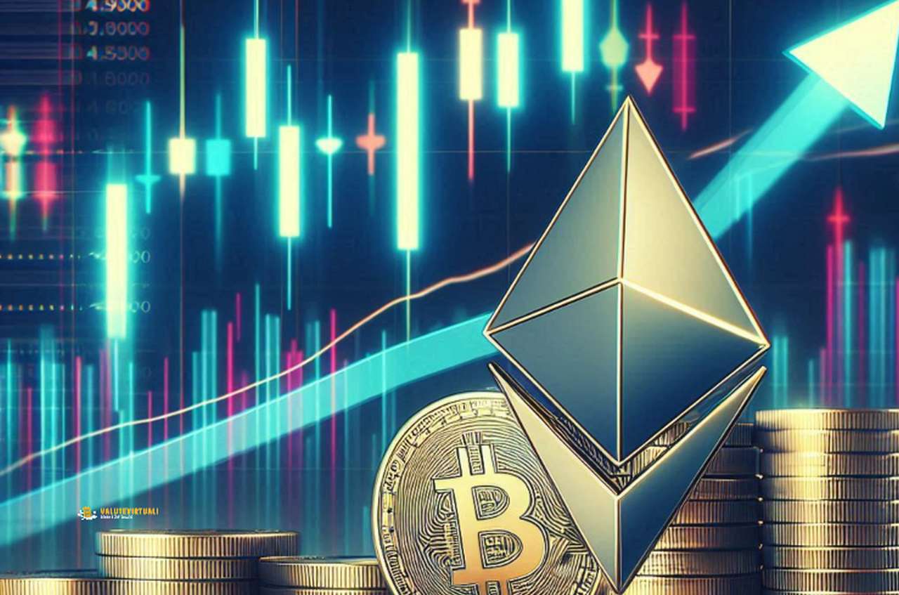 Il simbolo di Ethereum e quello di Bitcoin con dei grafici a candele sullo sfondo e una freccia verso l'alto da sinistra a destra