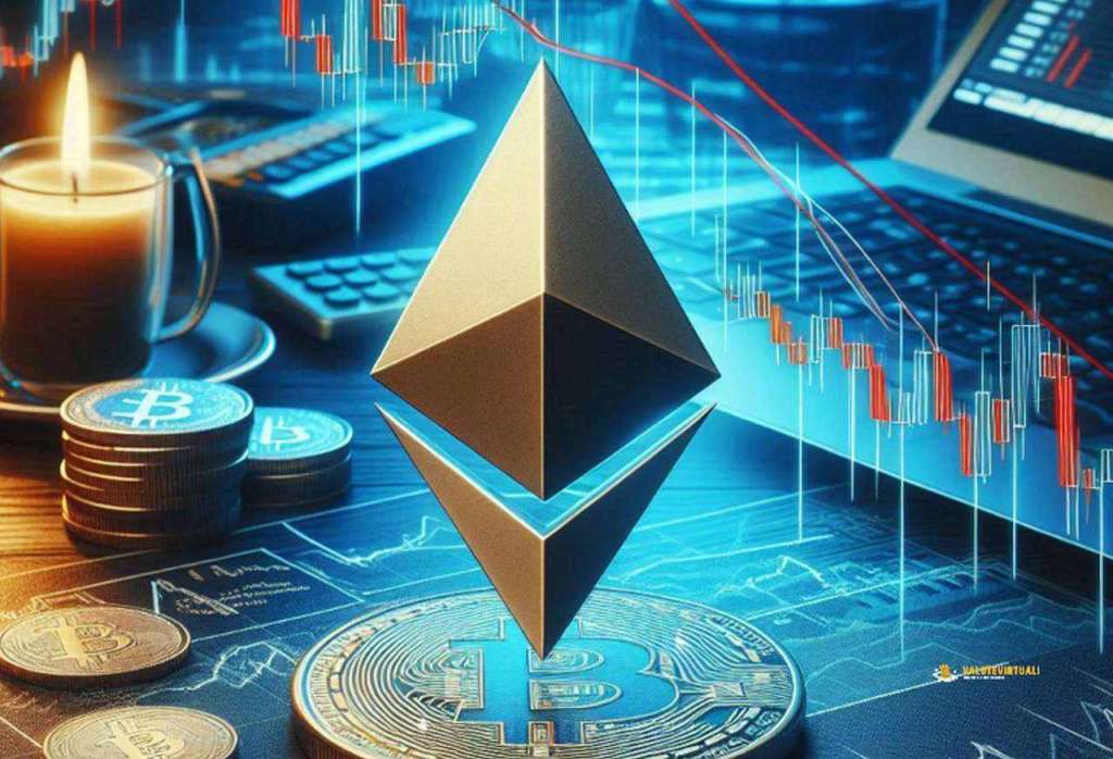 il logo di Ethereum in grande al centro con dei grafici sullo sfondo