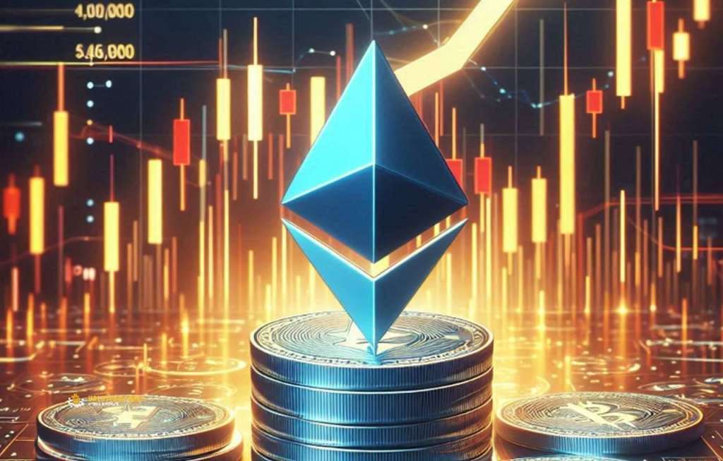 Il simbolo di Ethereum al centro su una pila di monete con dei grafici a candele sullo sfondo