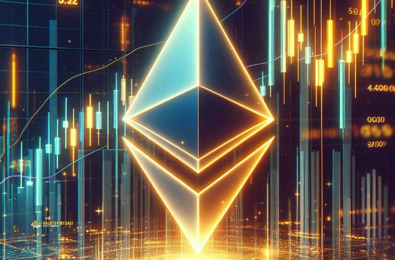 Il simbolo di Ethereum in grande al centro e dei grafici a candele luminosi sullo sfondo