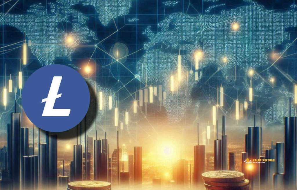 Una cartina geografica del mondo insieme a dei grafici a candele luminose sullo sfondo e il simbolo di Litecoin in sovrimpressione a sinistra