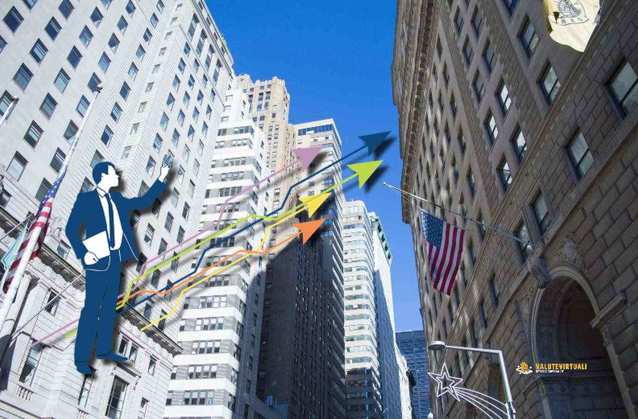 La imagen estilizada de un inversor que indica el cielo mientras los edificios de Wall Street se destacan en el fondo