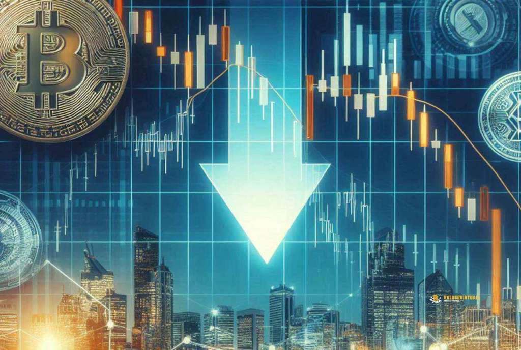 Una freccia verso il basso con alcune monete di Bitcoin, una metropoli di notte sullo sfondo e dei grafici a candele