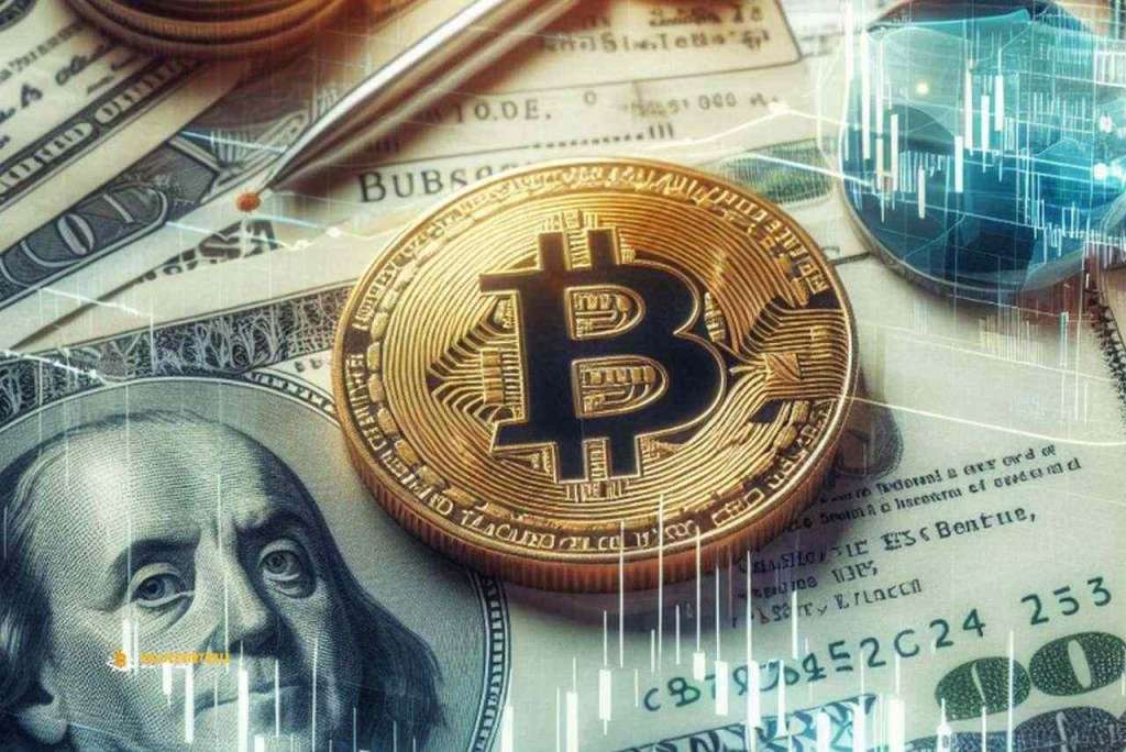 Una moneta di Bitcoin con alcune banconote di dollari e dei grafici in trasparenza