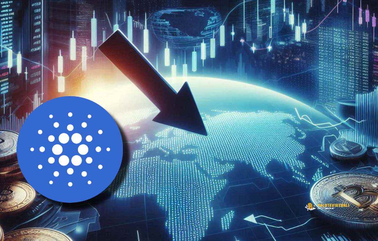 Il globo terrestre con dei grafici a candele e una freccia verso il basso. In sovrimpressione il simbolo di Cardano