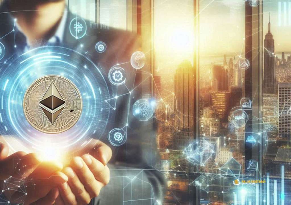 Una moneta di Ethereum sospesa sulle mani di un giovane uomo d'affari con dei grafici sullo sfondo