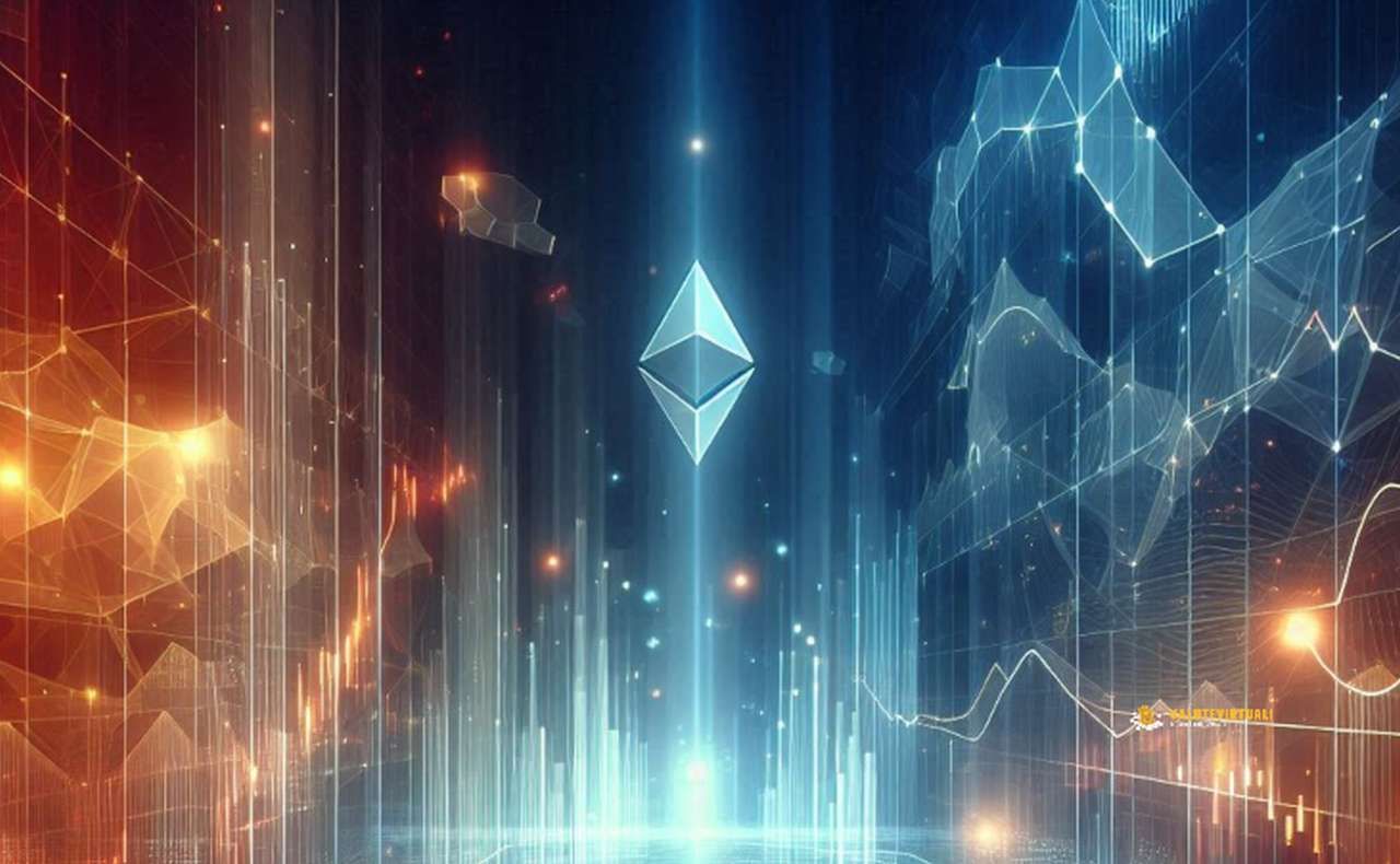 il logo di Ethereum in piccolo al centro in uno spazio indefinito con delle bande luminose