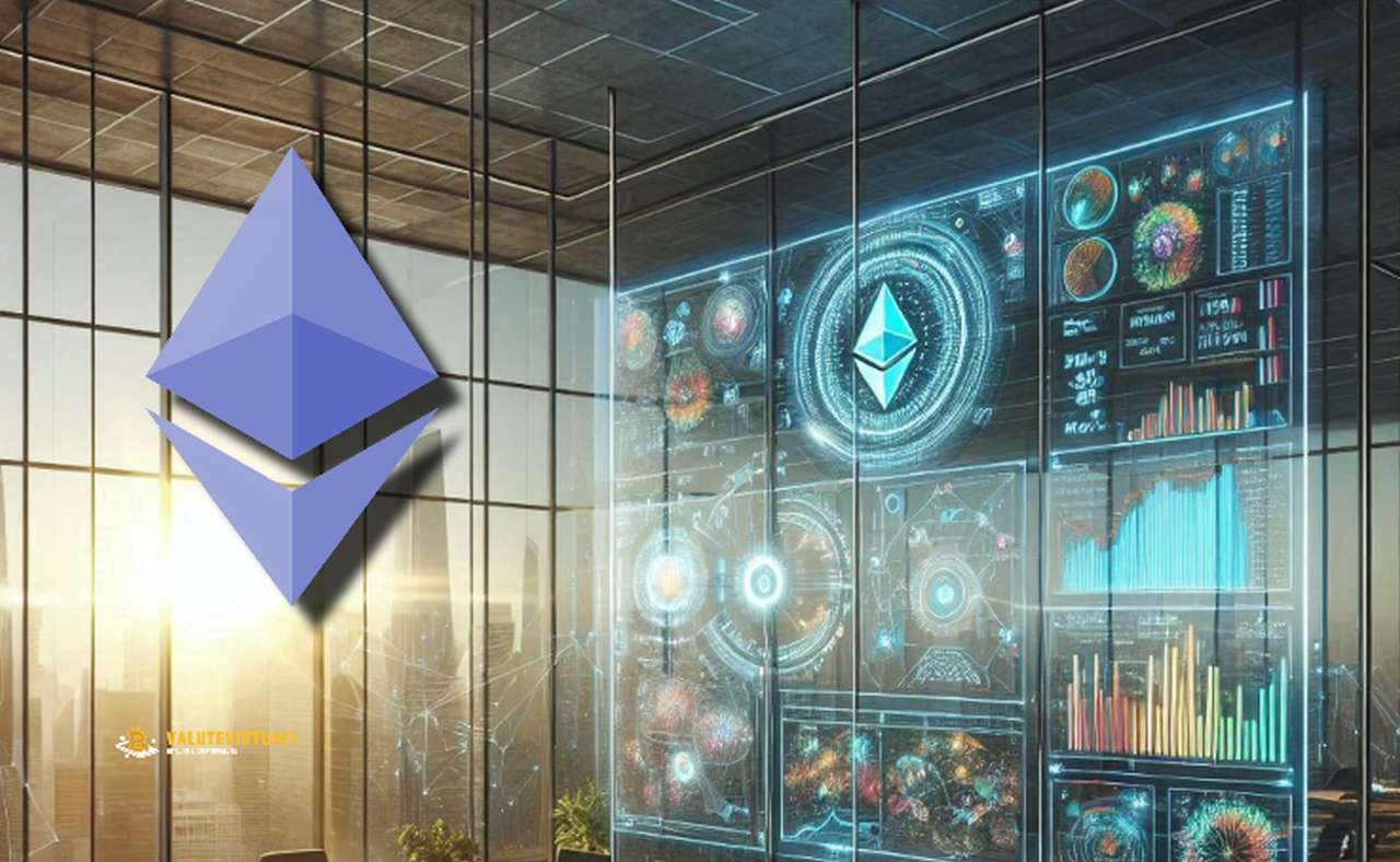 Il simbolo di Ethereum in alto a sinistra e uno schermo con diversi simboli e grafici sulla destra