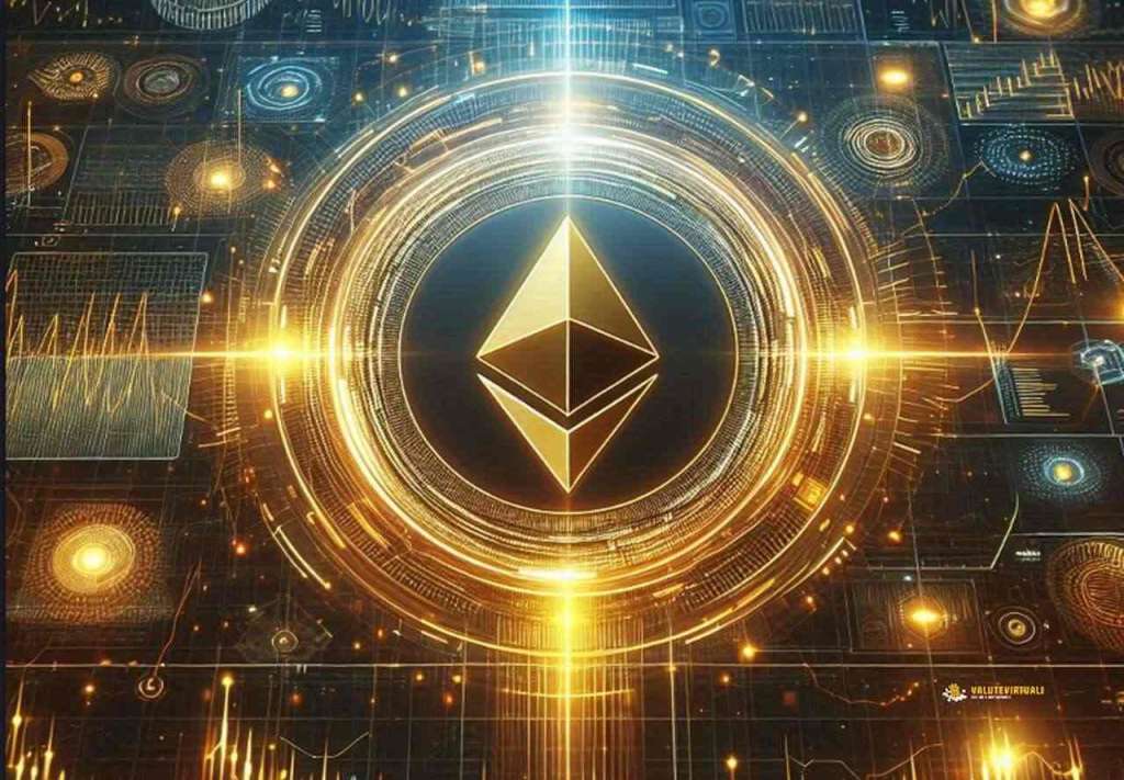 Il simbolo di Ethereum al centro con delle luci dorate intorno