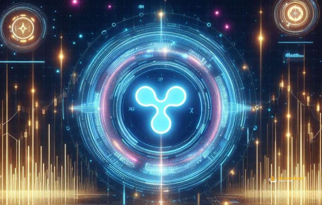 Il simbolo di XRP con dei grafici luminosi sullo sfondo